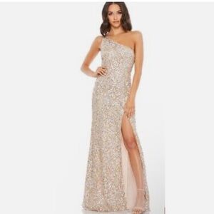Mac Duggal (328) Size 10 Sequin One Shoulder Gown Gold Silver High Slit Dress